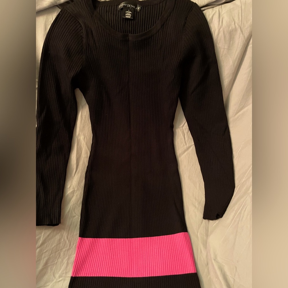 Slim fit black almost off the shoulder nice length with pink stripe dress.